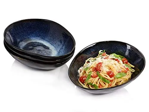 Produktbild: Sänger | Pastateller Tokio 4 tlg, Spaghetti Teller 4 Personen, Steingut Geschirr Set Pasta, Nudelteller Spülmaschinenfest, Pastaschale Blau-Schwarz mit Braunen Akzenten 1,2L | PREMIUM COLLECTION