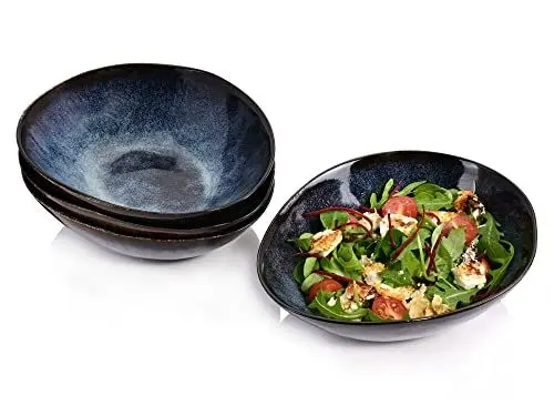 Produktbild: Sänger | Salatschüssel Set Tokio 4 tlg, Salatteller 4 Personen, Salatschälchen Steingut Spülmaschinenfest, Bowl Schüssel Handmade, Bowls Blau-Schwarz mit Braunen Akzenten 760 ml | PREMIUM COLLECTION