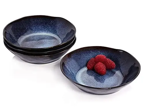Produktbild: Sänger | Suppenteller Tokio 4 tlg, Suppenschale 4 Personen, Tiefe Teller Steingut Spülmaschinenfest, Handmade Schüssel Set Blau-Schwarz mit Braunen Akzenten 500ml | PREMIUM COLLECTION