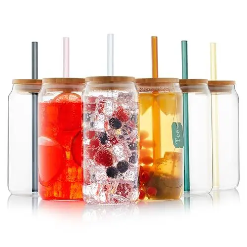 Produktbild: Sänger | Trinkbecher mit Deckel und Strohhalm 12 tlg, Trinkgläser Set 6 tlg und Glas Strohhalme 6 tg, Smoothie Becher aus Glas, Trinkglas mit Deckel und bunten Glas Strohhalmen | 400 ml