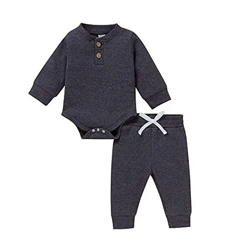 Produktbild: Säugling Baby Mädchen Langärmel solide Farbe rund um den Ausschnitt gestapelte Körperanzug-Hosen Kinder Set Kleidung Mädchen (Grey, 18-24 Months)
