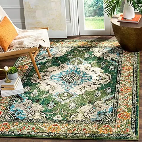 Produktbild: SAFAVIEH Boho Teppich für Wohnzimmer, Esszimmer, Schlafzimmer - Monaco Collection, Kurzer Flor, Waldgrün und Hellblau, 91 X 152 cm