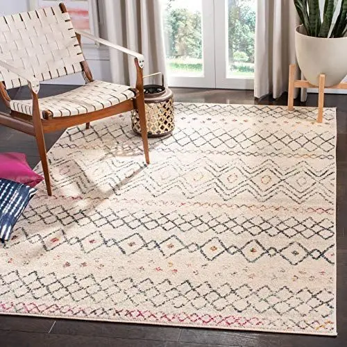 Produktbild: SAFAVIEH Boho Teppich für Wohnzimmer, Esszimmer, Schlafzimmer - Madison Collection, Kurzer Flor, Elfenbein und Marineblau, 91 X 152 cm