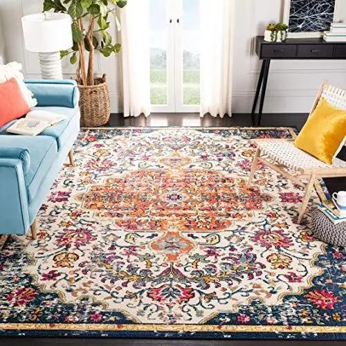 Produktbild: SAFAVIEH Boho Teppich für Wohnzimmer, Esszimmer, Schlafzimmer - Madison Collection, Kurzer Flor, Elfenbein und Orange, 122 X 183 cm