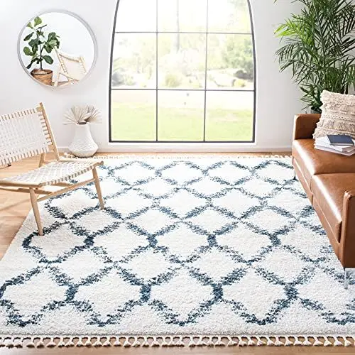 Produktbild: SAFAVIEH Zottelig Teppich für Wohnzimmer, Esszimmer, Schlafzimmer - Berber Fringe Shag Collection, Kurzer Flor, Creme und Blau, 183 X 274 cm