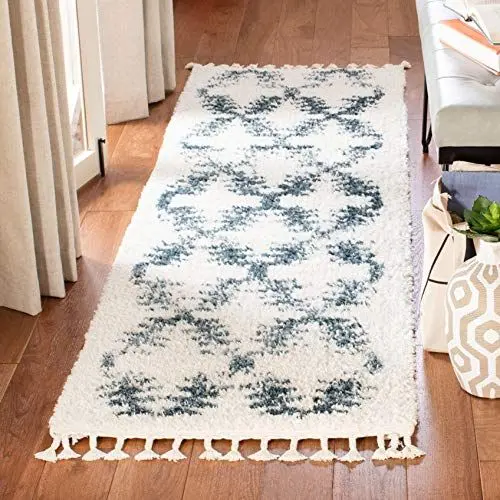 Produktbild: SAFAVIEH Zottelig Teppich für Wohnzimmer, Esszimmer, Schlafzimmer - Berber Fringe Shag Collection, Kurzer Flor, Creme und Blau, 99 X 160 cm
