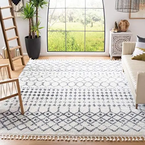 Produktbild: SAFAVIEH Zottelig Teppich für Wohnzimmer, Esszimmer, Schlafzimmer - Berber Fringe Shag Collection, Kurzer Flor, Creme und Dunkelgrau, 122 X 183 cm