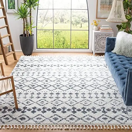 Produktbild: SAFAVIEH Zottelig Teppich für Wohnzimmer, Esszimmer, Schlafzimmer - Berber Fringe Shag Collection, Kurzer Flor, Creme und Dunkelgrau, 183 X 274 cm