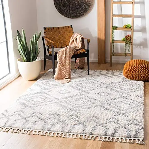Produktbild: SAFAVIEH Zottelig Teppich für Wohnzimmer, Esszimmer, Schlafzimmer - Berber Fringe Shag Collection, Kurzer Flor, Creme und Grau, 183 X 274 cm
