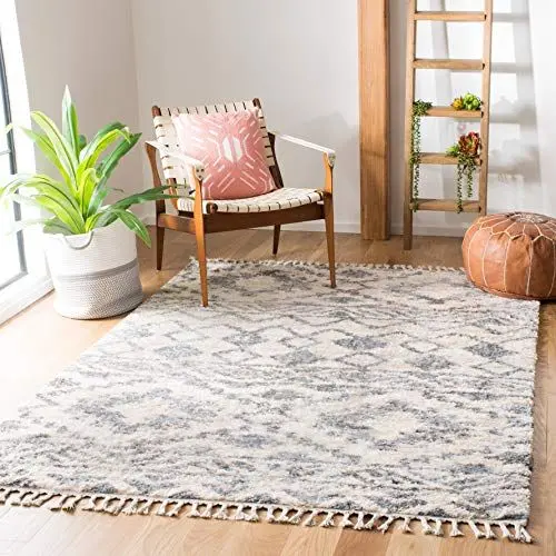 Produktbild: SAFAVIEH Zottelig Teppich für Wohnzimmer, Esszimmer, Schlafzimmer - Berber Fringe Shag Collection, Kurzer Flor, Creme und Marineblau, 160 X 229 cm