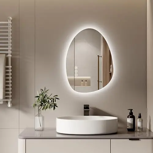 Produktbild: S'AFIELINA Spiegel mit Beleuchtung Asymmetrischer LED Badspiegel 60 x 45 cm mit Touch-Schalter, Dimmbar 3 Lichtfarbe Einstellbare, Beschlagfrei Badezimmerspiegel mit Beleuchtung
