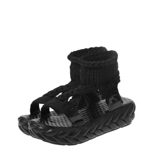 Produktbild: SAFIGLE 1 Paar Gestrickte Wollsandalen Plateausandalen Alias ​​para Mujer Sandalen Aus Wolle Flache Sandalen Sommersandalen Zehentrenner Im Sommer Baretrap-sandalen Für Damen Peeptoe Black