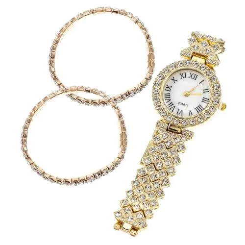 Produktbild: SAFIGLE 2St Quarz-Armband Diamantarmband für Damen goldene Uhr Schmuck für Mädchen Frauen armbänder gm2100 damenarmbanduhr Ladies Watch Damenuhren Diamantuhr Glänzende Uhr Rostfreier Stahl