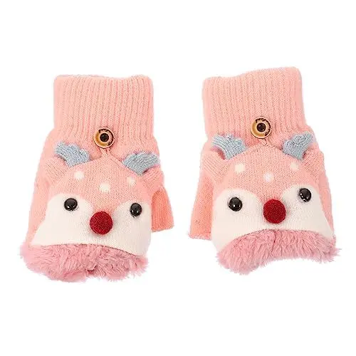 Produktbild: SAFIGLE 2 Paar Flip-Handschuhe für Kinder thermohandschuhe thermal gloves Handschuhe für kaltes Wetter Rentier-Fäustlinge fahrradhandschuhe warme Handschuhe Halbfingerhandschuhe Garn Rosa