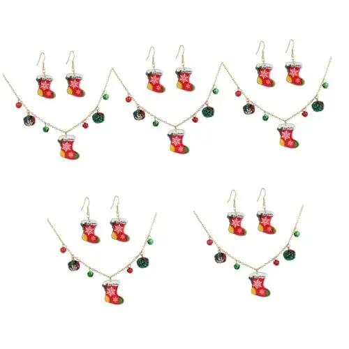 Produktbild: SAFIGLE 5 Sets Weihnachtsschmuckset Weihnachtsfeierbevorzugung Weihnachtshalskette Weihnachtsohrringe Sockenohrringe Damenohrringe Schmuckhalskette Ohrringe Für Frauen Legierung