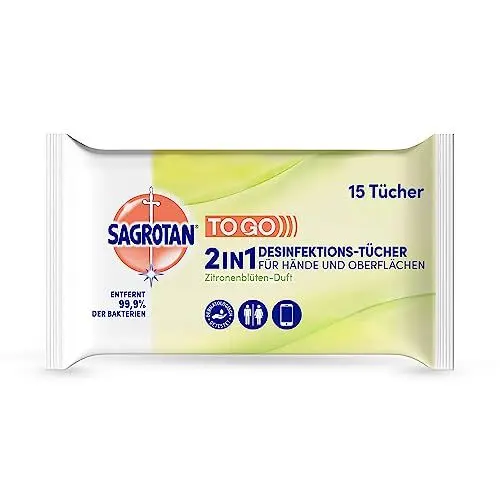 Produktbild: Sagrotan 2in1 Desinfektionstücher mit Zitronenblüten-Duft – Zum Desinfizieren von Händen und Oberflächen – 15 Tücher