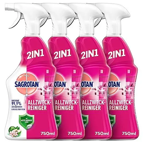 Produktbild: Sagrotan Allzweck-Reiniger Blütenfrische & Grüner Apfel – 2in1 Desinfektionsreiniger für die zuverlässige Reinigung von Oberflächen – 4 x 750 ml Sprühflasche