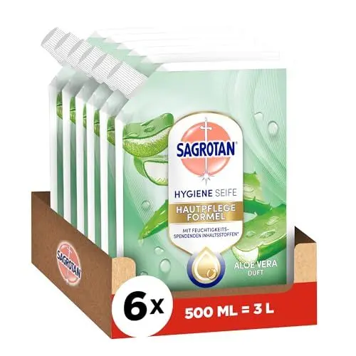 Produktbild: Sagrotan Handseife Nachfüller Aloe Vera – Feuchtigkeitsspendend und stark gegen Bakterien – 6 x 500 ml Handseife