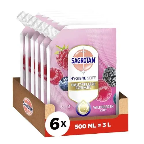 Produktbild: Sagrotan Handseife Nachfüller Brombeere und Waldfrüchte – Feuchtigkeitsspendend und stark gegen Bakterien – 6 x 500 ml Handseife