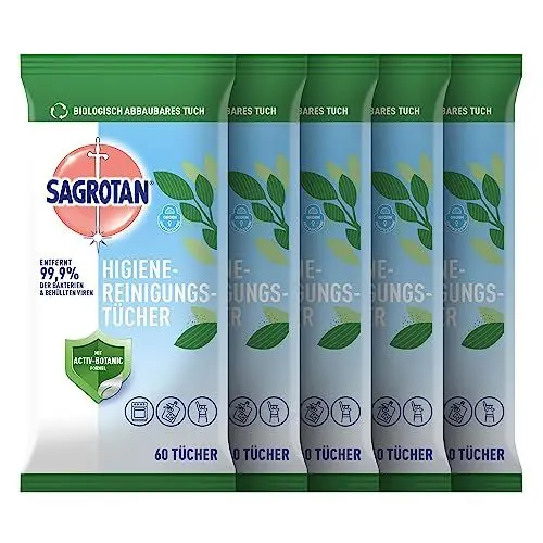 Produktbild: Sagrotan Hygienereinigungstücher – Für die praktische Reinigung und Desinfektion von Oberflächen – 5 x 60 Feuchttücher in wiederverschließbarer Verpackung
