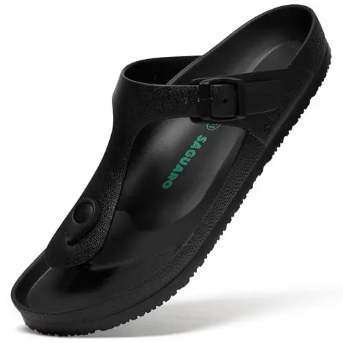Produktbild: SAGUARO Herren Zehentrenner Hausschuhe Damen Sandalen Sommer Eva Pantoletten Flach Clogs Strand Slippers Schwarz 43