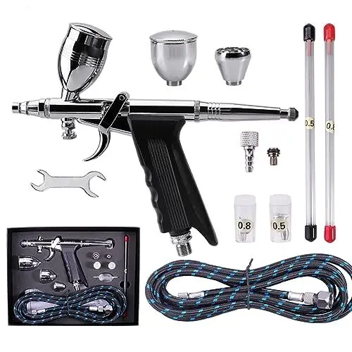 Produktbild: SAGUD Airbrush Pistolen Set Double Action Airbrush-Stift 0,3mm mit extra 0,5 0,8 mm Nadeln, Airbrush Schlauch und 2CC/5CC/13CC Becher-Set