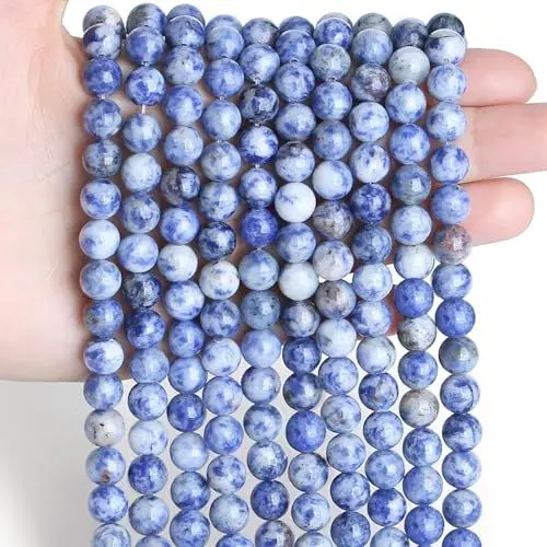 Produktbild: Sahoottie 100 Stück Blauweißer Sodalith Perlen mit Loch 6mm Runde Naturstein Perlen Set Edelsteine zum Auffädeln Edelsteinperlen für Armbänder Selber Machen Ketten DIY Schmuckherstellung Basteln