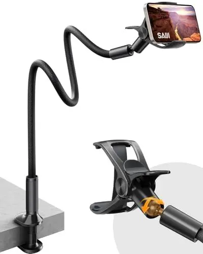 Produktbild: SAIJI Handy Halter für Bett, Schwanenhals Handy Halterung, 360° Drehbare Leder Superlanger Flexible Arm Mobile Halterung für 4.7-7