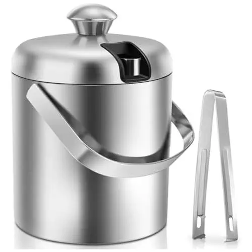 Produktbild: Sailnovo Eiskübel mit Deckel, Zange – Edelstahl hält Eis länger gefroren – ideal für Cocktailbar, Partys, Kühlen von Wein, Champagner – 2 l (Edelstahl)