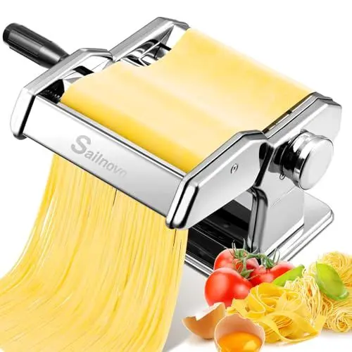 Produktbild: Sailnovo Nudelmaschine Pasta Maker 180 Aluminiumlegierung mit 9 Einstellbaren Stärkeeinstellungen und 2 Schneidern, Nudelmaschine Manuell für Spaghetti, Fettuccini, Lasagne, Geschenk (Silber)