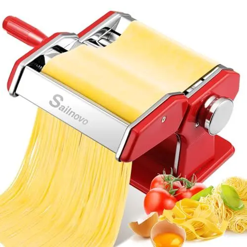 Produktbild: Sailnovo Nudelmaschine Pasta Maker 180 Aluminiumlegierung mit 9 Einstellbaren Stärkeeinstellungen und 2 Schneidern, Nudelmaschine Manuell für Spaghetti, Fettuccini, Lasagne, Geschenk (Rot)