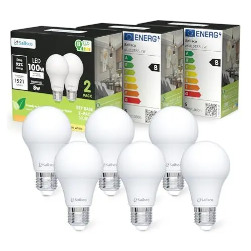 Produktbild: sailsco Klasse B E27 LED Warmweiss Lampe,8W 2700K 1521 Lumen Warmweiß Lampen,A60 Energiesparlampe 100W Glühbirne Ersetzt,Nicht Dimmbar Leuchtmittel,6 Stück