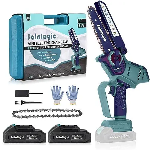 Produktbild: Sainlogic 6 Zoll Mini Kettensäge mit Akku, Kabellose Motorkettensägen Sicherheitsschloss, Einhand Kettensäge mit 2 * 2000mAh Akku und Ladegerät, Handkettensäge zum Schneiden von Bäumen, Seeblau
