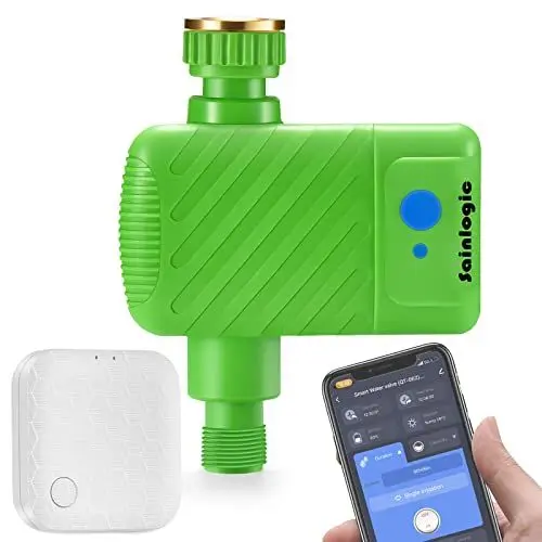 Produktbild: Sainlogic Bewässerungscomputer WLAN, Bewässerungssystem mit Zusätzlichem 2.4 GHz WiFi Smart Hub, App Fernzugriff, Automatische Bewässerung, IP66 Wasserdicht, Wassermengenzähler, für Garten/Rase (Grün)