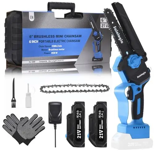 Produktbild: Sainlogic Mini Kettensäge 6 Zoll Akku, Kettensäge Elektro mit 2 * 2000mAh Akku, Leichte Akku Kettensäge mit Sicherheitsschloss, Handkettensäge für Gartenscheren Holzschneiden (Blau)
