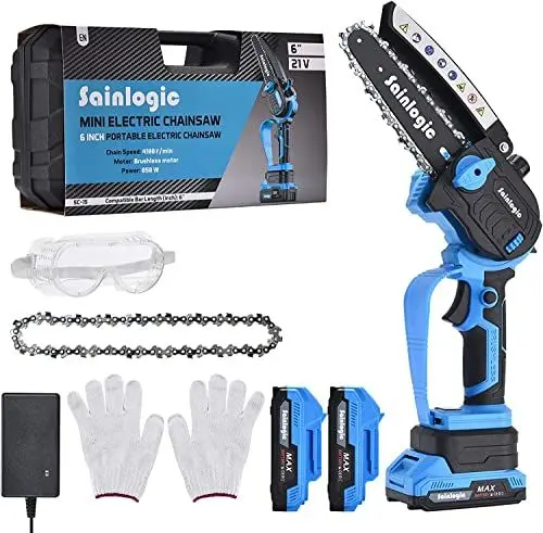 Produktbild: sainlogic 6 Zoll Mini Kettensäge Akku, Kettensäge Elektro mit 2 * 2000mAh Akku, Leichte Akku Kettensäge mit Sicherheitsschloss, Handkettensäge für Gartenscheren Holzschneiden