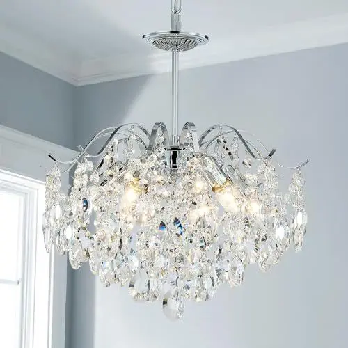 Produktbild: Saint Mossi K9 Crystal Chandelier Light, Raindrop Chandelier, nowoczesne oświetlenie wiszące, E12 Base 6 świateł, błyszczące srebrne wykończenie (Klasa energetyczna A+)