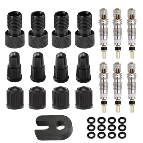 Produktbild: Saipor 4 Stück Französisches Ventil Adapter, Fahrradventil Adapter, Presta- in Schrader-Ventile Adapter Mit 6 Stück Fahrradventil Presta-Ventilkernset + 8 Stück Fahrrad Ventilkappen