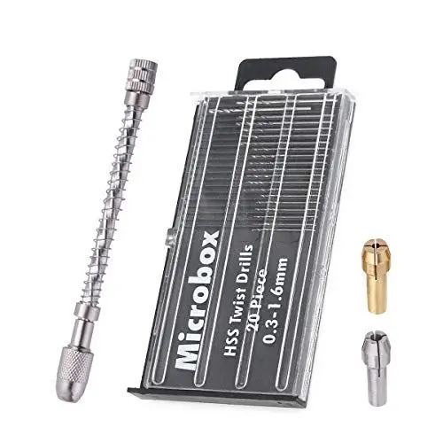 Produktbild: Saipor Mini Handbohrer Bohrmaschine Set Pin Vise + 20 Stück Handbohr Spiralbohrer 0.3-1.6mm Mikrobohrer Set + 2pcs Mikro-Bohrfutter für DIY Drilling, Model Making, Handbohrmaschine Metal Wood