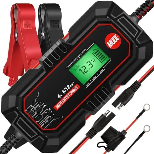 Produktbild: Saivono 4A Autobatterie Ladegerät, 6V Und 12V Vollautomatisches KFZ Batterieladegerät, Batteriepfleger Mit Rekonditionierungsmodus Und AGM-Option für Auto Motorrad Boot Batterien