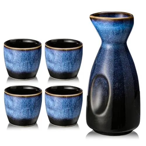 Produktbild: Sake Set Mit Becher und Wein Topf - Porzellan Satz für Wärmeren - 1 Sake-Topf 4 Sakebecher (A2)