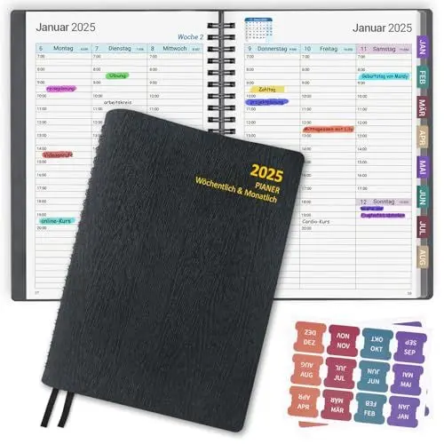 Produktbild: SAKEYR Planer Terminplaner 2025 - Kalender 2025 Buchkalender A5, Softcover Terminkalender 2025, Wochenplaner & Jahresplaner Kalender 2025, Planer 2025 A5 mit Monatliche Labels (auf Deutsch)