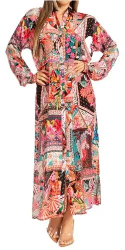 Produktbild: Sakkas J55Long - Langärmliges Button-Down-Maxi-Hemdkleid/Strandmode für Damen im Frühling/Sommer - SM-539-A - L/XL