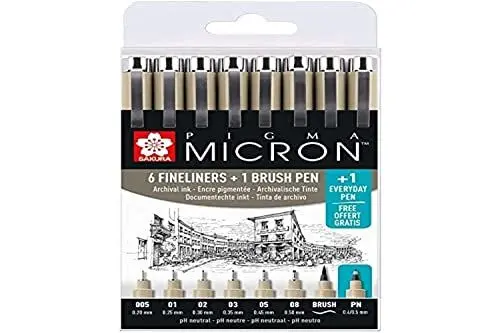 Produktbild: SAKURA Pigma Micron Fineliner Set - 6 Spitzenbreiten + Pinsel & PN-Stift gratis - Schwarz - Wasserfest & lichtbeständig