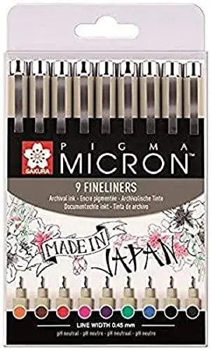 Produktbild: SAKURA Pigma Micron 05 Fineliner-Set mit 9 Farben | wasserfeste Tinte, Größe 05 (0,45 mm) | Stifte zum Schreiben, Zeichnen und Tagebuch führen