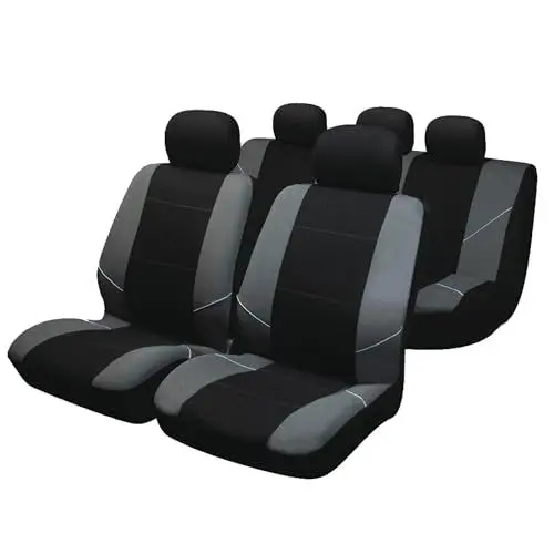 Produktbild: Sakura Merton BY0802 Pkw-Schonbezüge, schwarz-grau, mit Kopfstützenbezügen - Komplettset, universelle Passform, elastische Säume, Seiten-Airbag-kompatibel, maschinenwaschbar