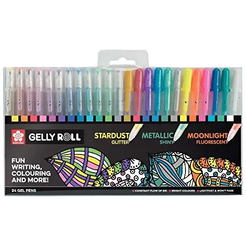 Produktbild: SAKURA Gelly Roll Mixed Gelstifte-Set mit 24 verschiedenen Farben und Effekten | glitzernde, metallicfarbene und fluoreszierende Gelstifte zum Schreiben und Zeichnen