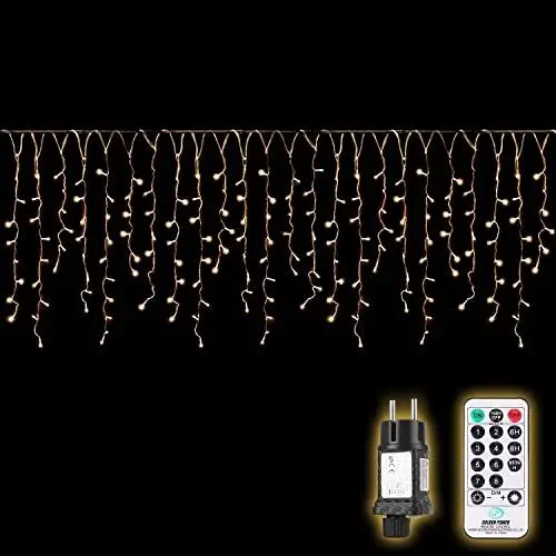 Produktbild: SALCAR 10m LED Lichtervorhang Außen, Eisregen Lichterkette Outdoor mit Fernbedienung und Timer, Weihnachtsbeleuchtung Innen Fenster 8 Modi, Warmweiß