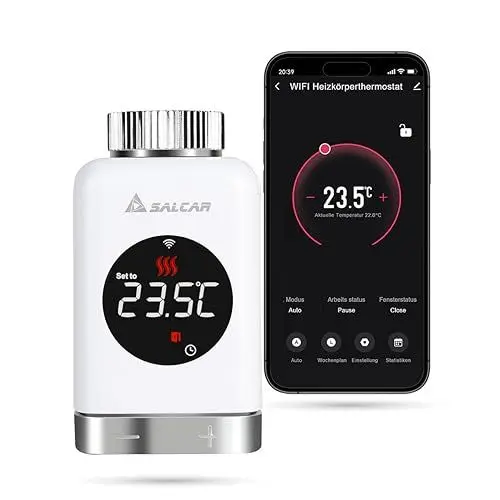 Produktbild: SALCAR Heizkörperthermostat TRV801W Thermostat Heizung Smart LCD WiFi Thermostat kompatibel mit Amazon Alexa & Google Home Heizungsthermostat Tuya Smartes Heizkörper, kein Gateway Erforderlich