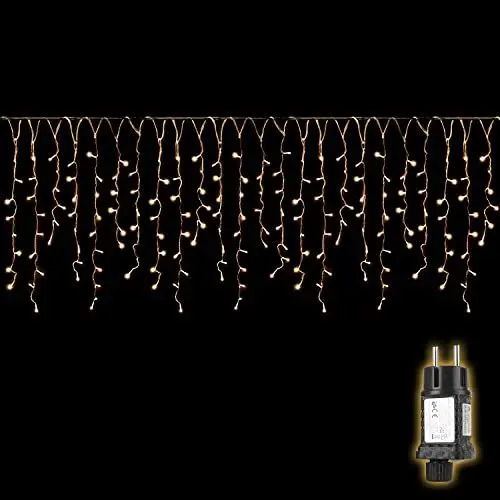 Produktbild: SALCAR LED Eisregen Lichterkette Außen, 200er Lichtervorhang Fenster 8m Weihnachten Beleuchtung (5m Lichterkette + 3m Stromkabel) Innen 31V mit 8 Beleuchtungsmodi und Memory-Funktion, Warmweiß